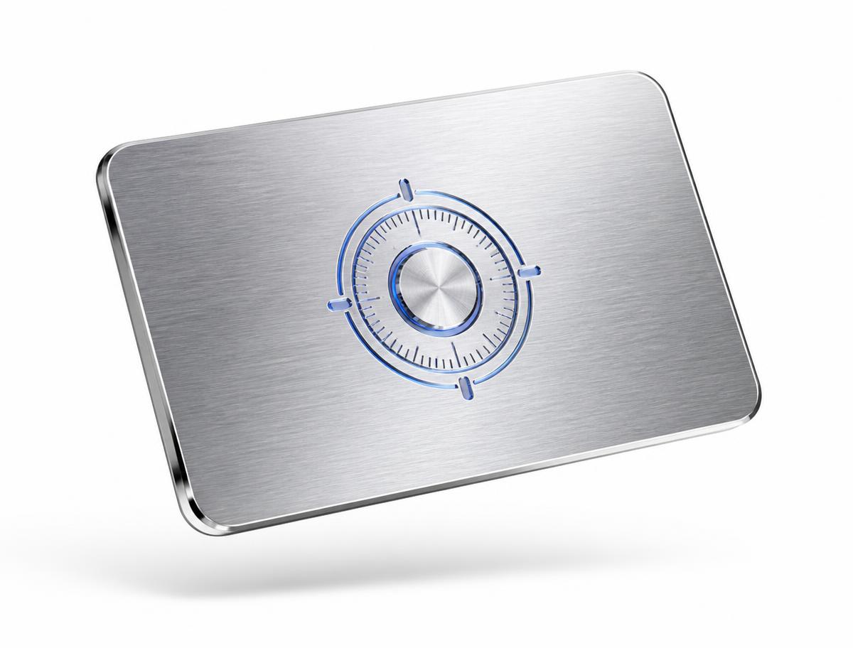 Metallic Vault Pass access credential with blue vault dial emblem